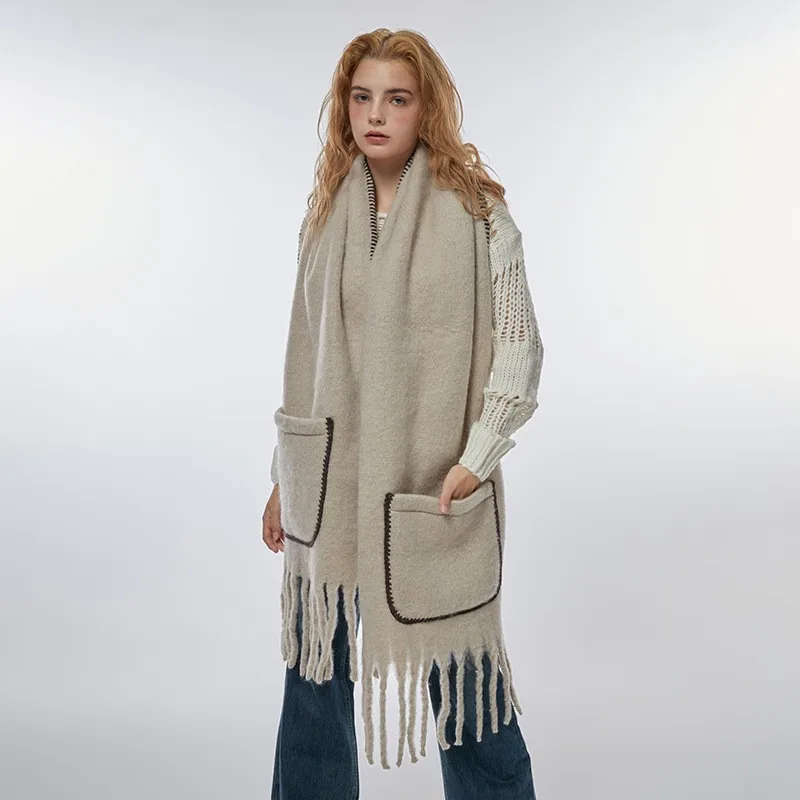 2024 European American Soft Thick Winter Scarves with Pockets Shawl Wrap Pashmina Cashmere Scarf Women
