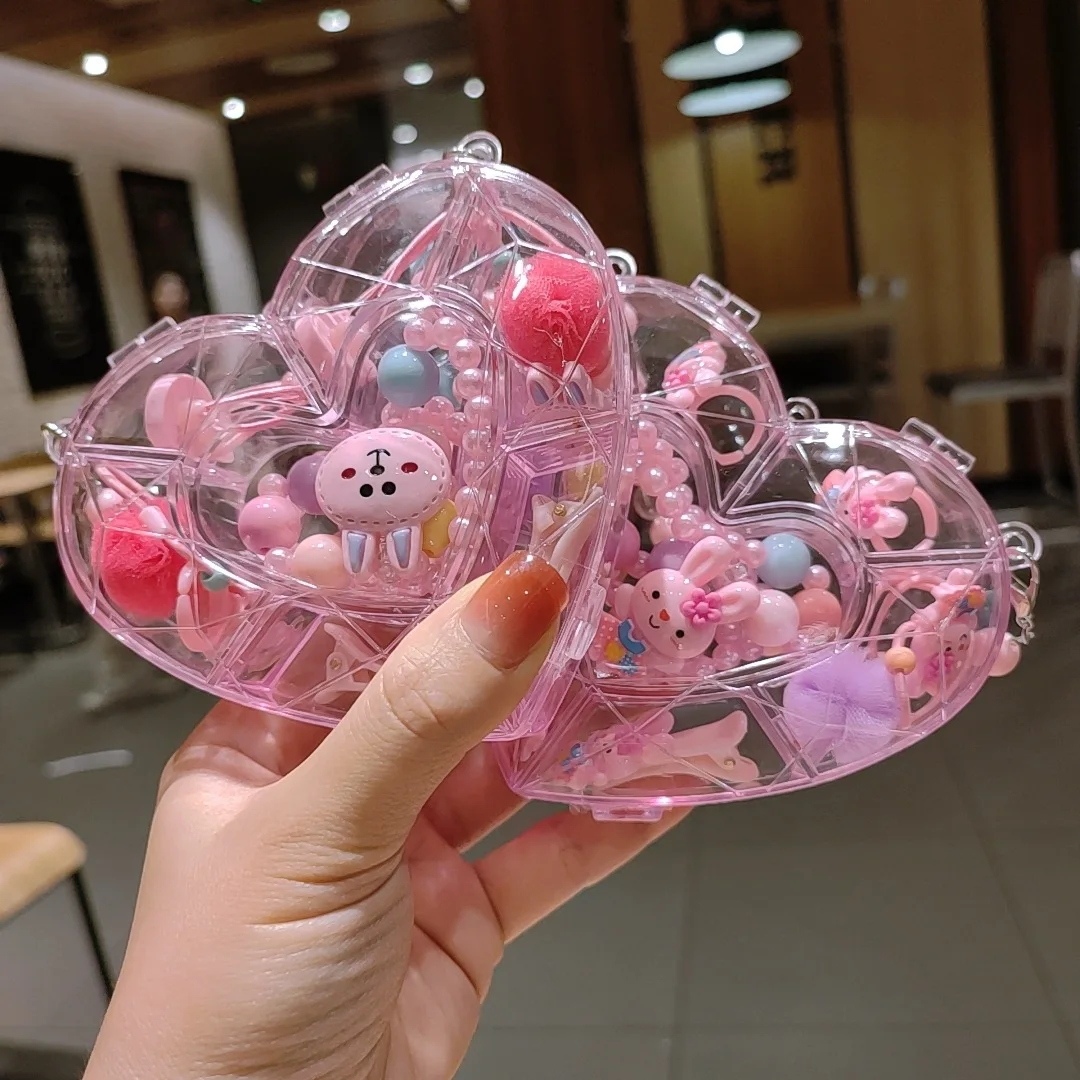 Baby Girls Clear Heart Box Resin Acrylic Bead Chain Kitties Rabbits Pendant Necklaces Bracelets Rings Jewelries Sets