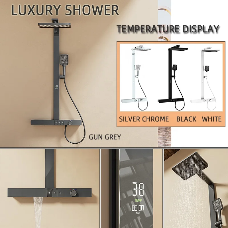 Luxury Square Bathroom Shower System gun grey brass shower mixers LED thermostatic rainfall Bathtub shower set