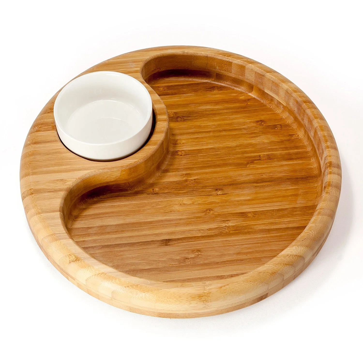 100% Natural High Quality Hot Sale Round Shape Bamboo Chip And Dip Tray With Ceramic Bowl