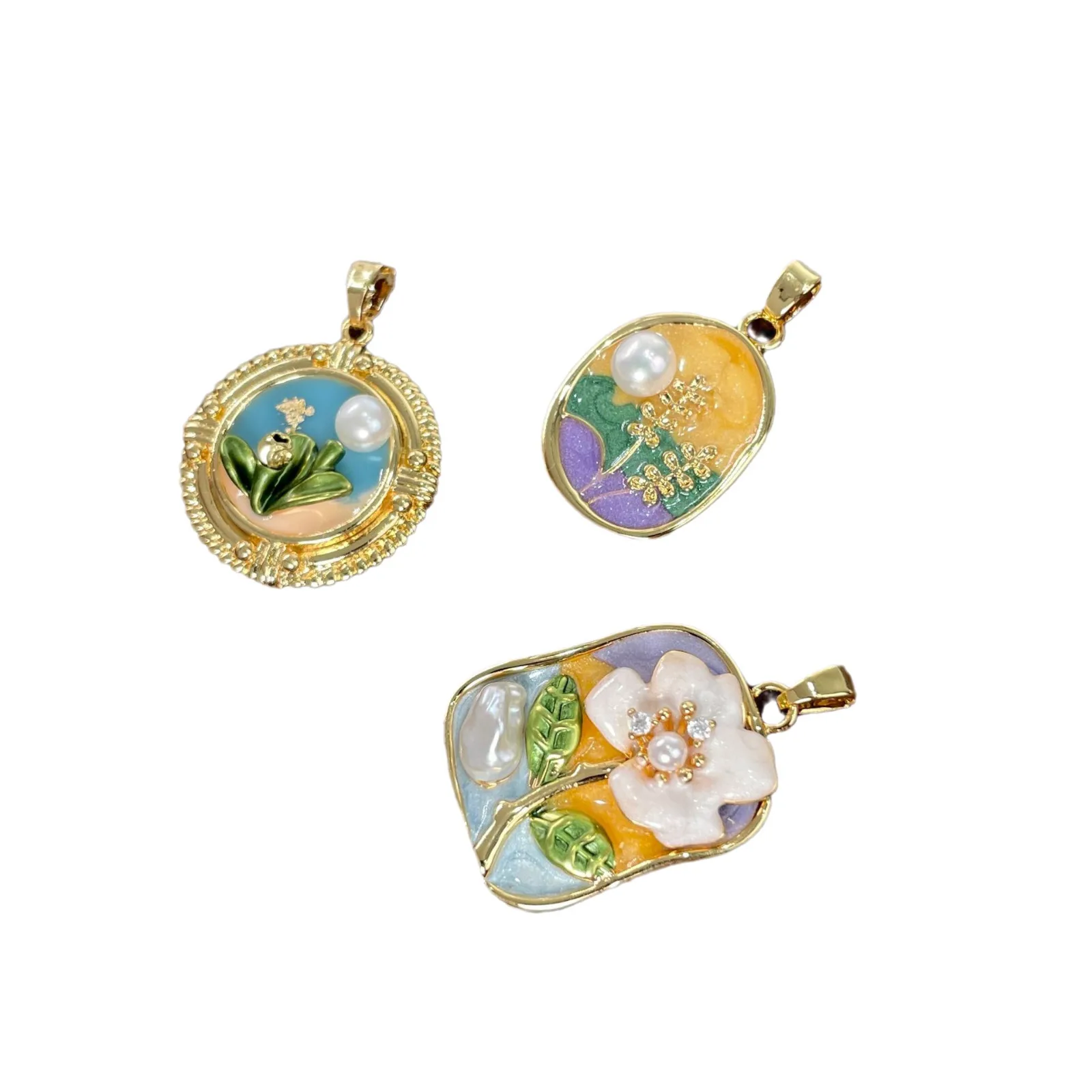 Vintage oil painting style necklace pendant metal necklace flower pearl DIY fashion jewelry