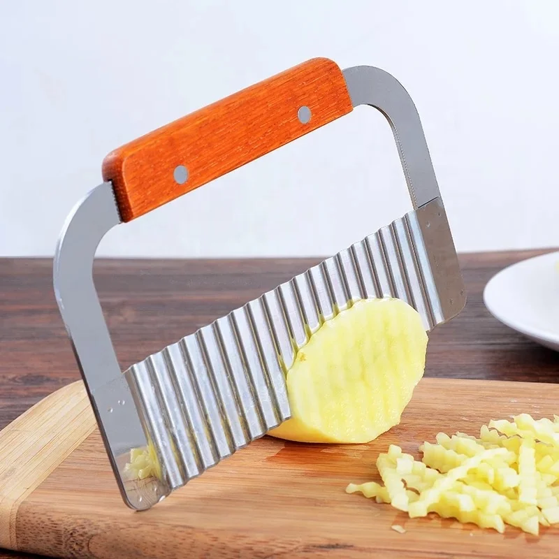 French Fry Slicer Stainless Steel Blade Wooden Handle Vegetable Salad Chopping Knife