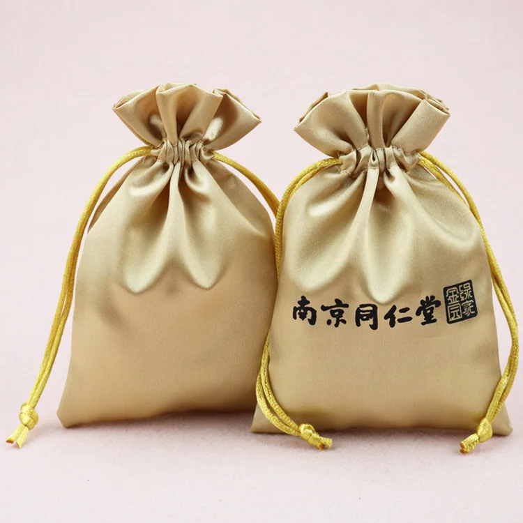 Custom small gold satin silk jewelry pouch with logo for jewelry package drawstring satin jewelry bag for ring necklace gift bag