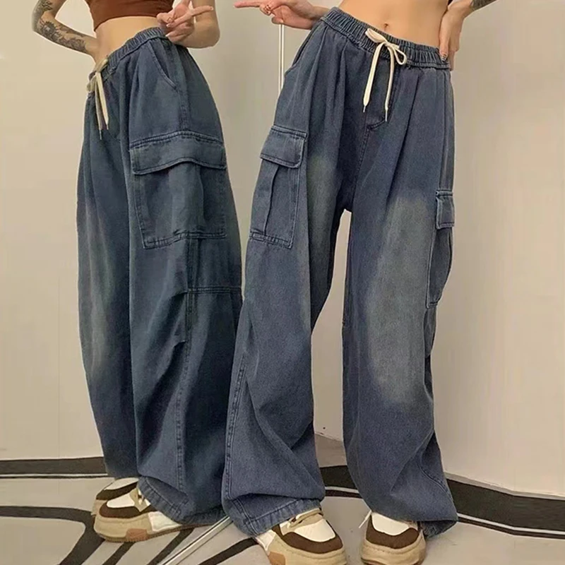 Custom OEM Manufacturer Vintage Pockets High Waist Streetwear baggy Casual ladies Long parachute Cargo Pant for women Trousers