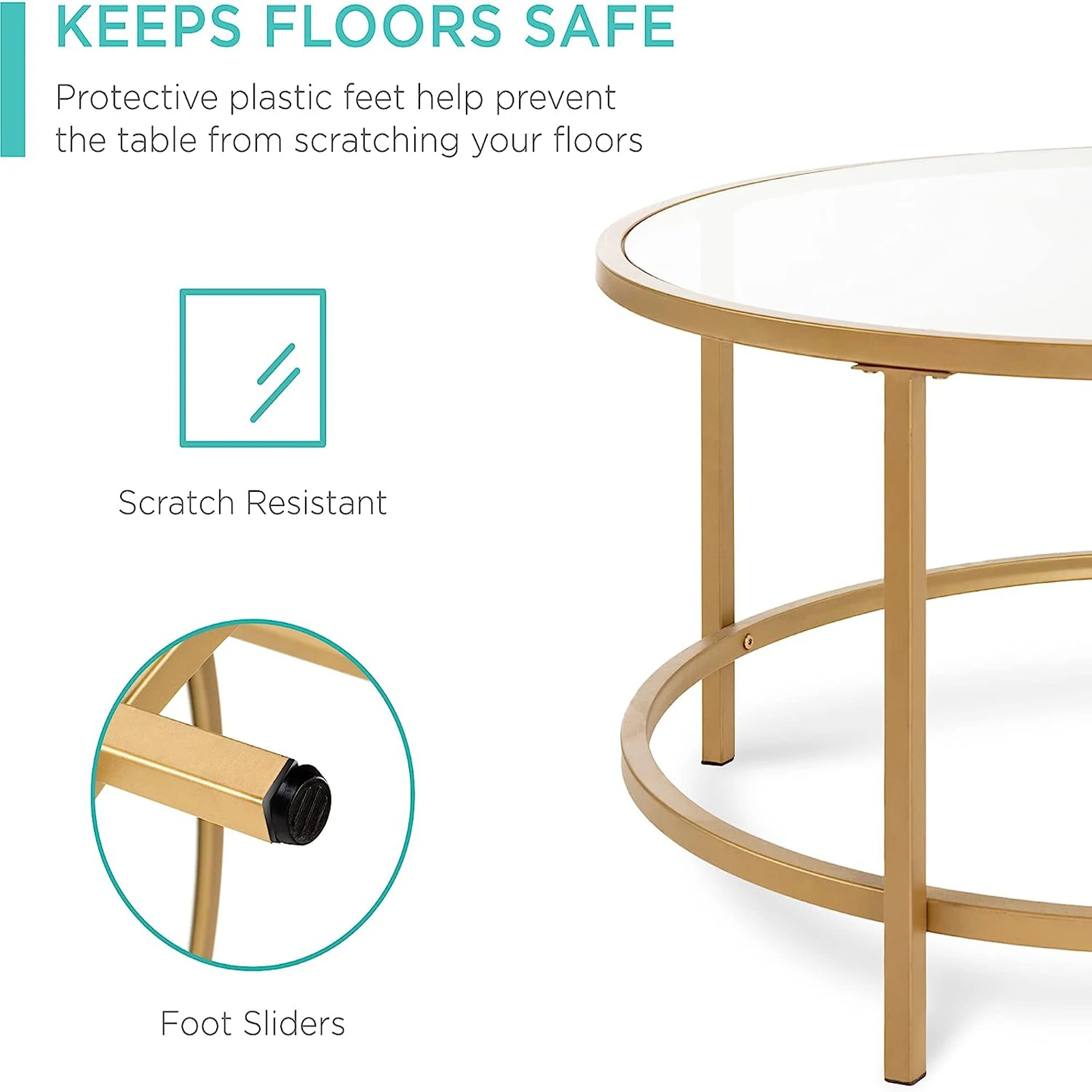 36in Modern Round Tempered Glass Accent Side Coffee Table for Living Room  Dining Room Tea Home Decor w/Satin Trim Metal Frame