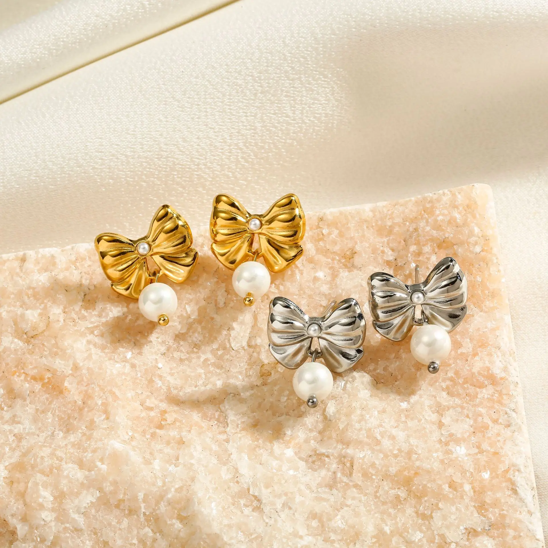 Fashion Wholesale Custom Bulk Luxury 18K Gold Plated Stainless Steel Bowknot Earrings Women Jewelry