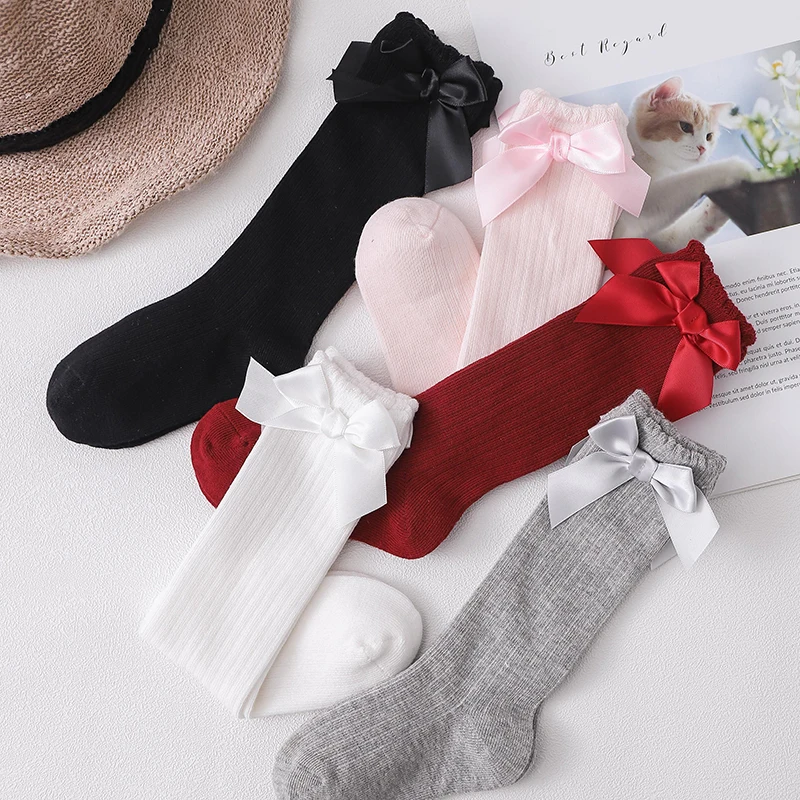 
Baby Girls Knee High Socks Kids Girls Princess Sock White Pink red black Knee Sock with bow 