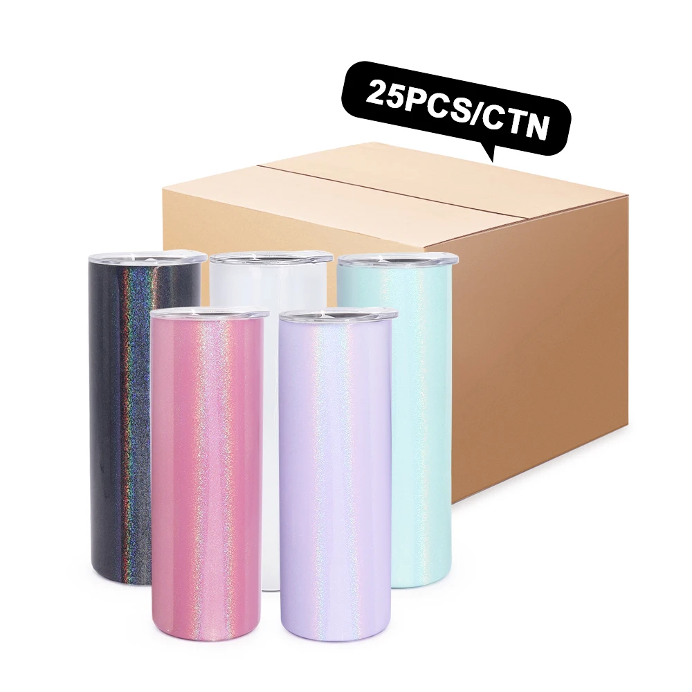 STOCKED 20oz rainbow glitter Shimmer sublimation skinny tumbler cup with lid and straw us warehouse