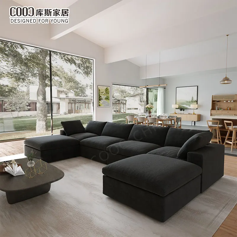 Luxury Black Fabric U Shape Cloud Sofa Furniture Set Living Room Corner Couch Sectional Modular Cloud Sofa with Storage Ottoman