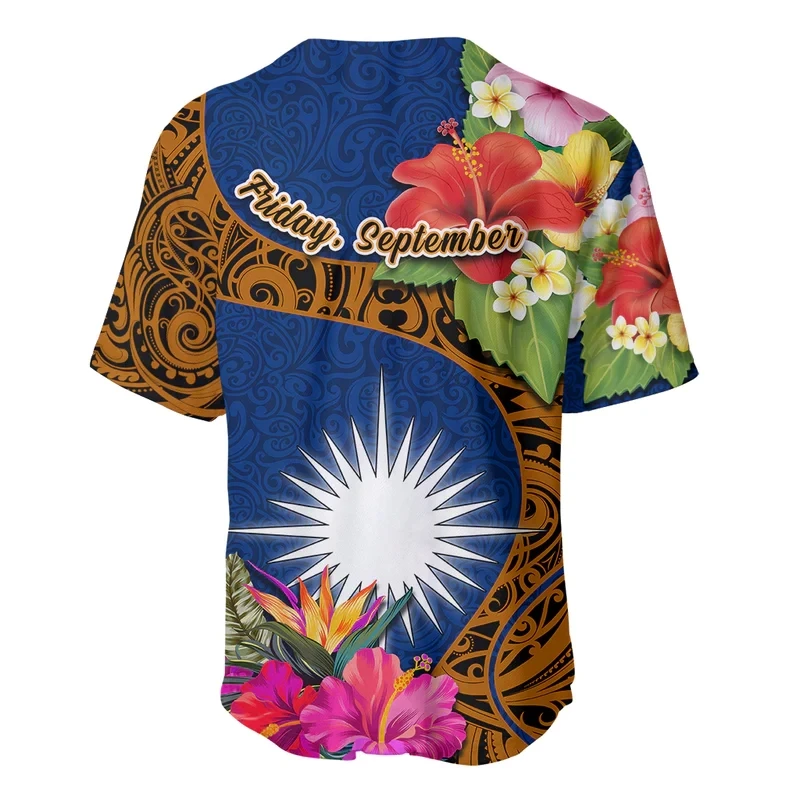 Wholesale Marshall Islands Manit Day Baseball Jersey Mix Hibiscus Flower Maori Pattern Style Male Jersey Men Short Sleeve Shirt