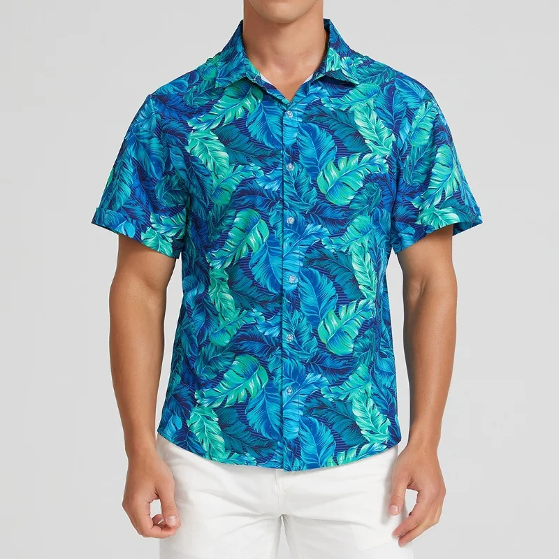 Summer polyester spandex full printing vintage aloha beach short sleeve button up t shirt island resort hawaiian shirt for men