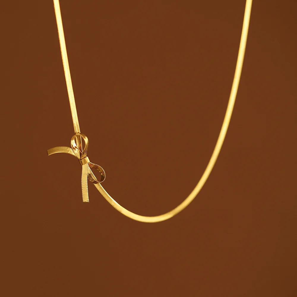 2024 Vintage Style Gold Plated Stainless Steel Snake Bowknot Ribbon Choker Necklace Tarnish-Free Bow Party Wedding Gift Ideas