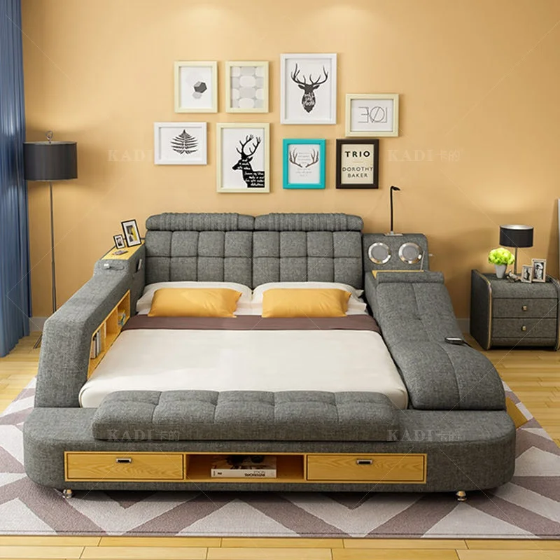 Modern Luxury Multi-functional Smart Leather Bed with Tatami Massage Recliner King Queen Size Solid Wood Bed Fabric Cotton