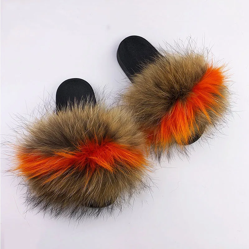 
Custom Logo Natural Regular Size Fur Slides Soft Sole Shoes Furry Sandals Open Toe Fur Slides For Women Wholesale 
