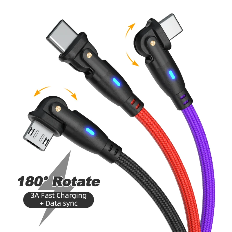 180 Degree Rotating USB to Type C Charging Data Transfer Nylon Cable L Shape and Straight 2 in 1