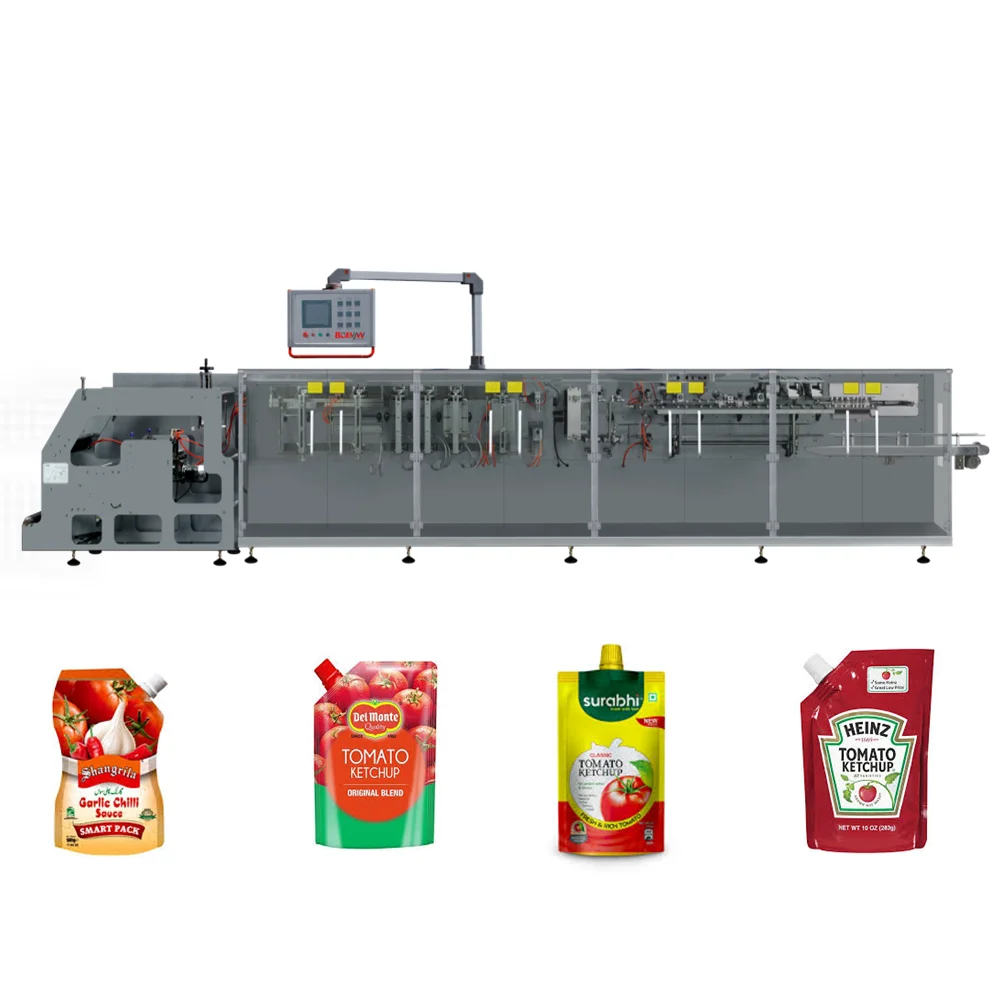 Automatic 500ml horizontal doypack spout pouch filling and sealing tomato paste ketchup packing machine