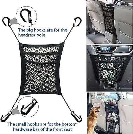 3-Layer Car Mesh Organizer, Seat Back Net Bag, Barrier of Backseat Pet Kids, Cargo Tissue Purse Holder