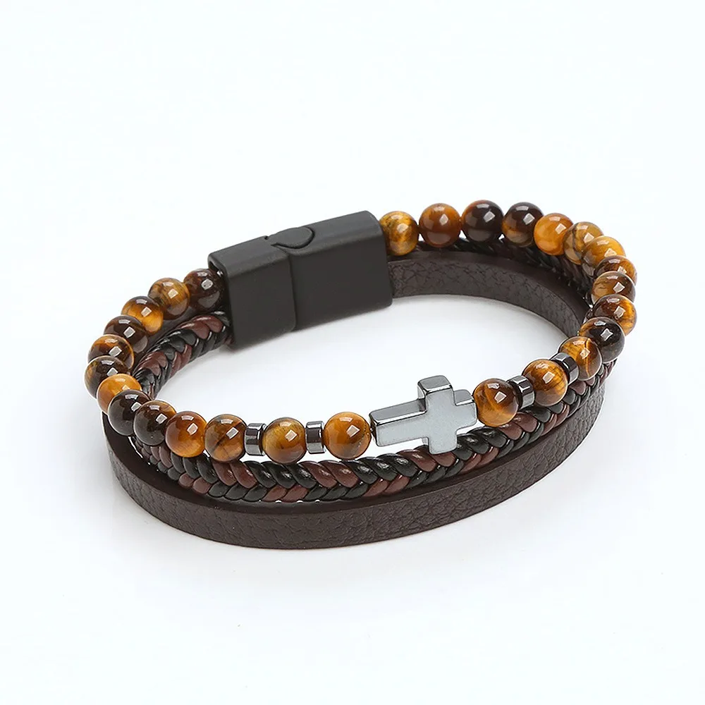 Cross Bracelet Christian Gift Tiger Eye Men Leather Cuff Bracelet Healing Crystal Anxiety Relief Stress Magnet Bracelets