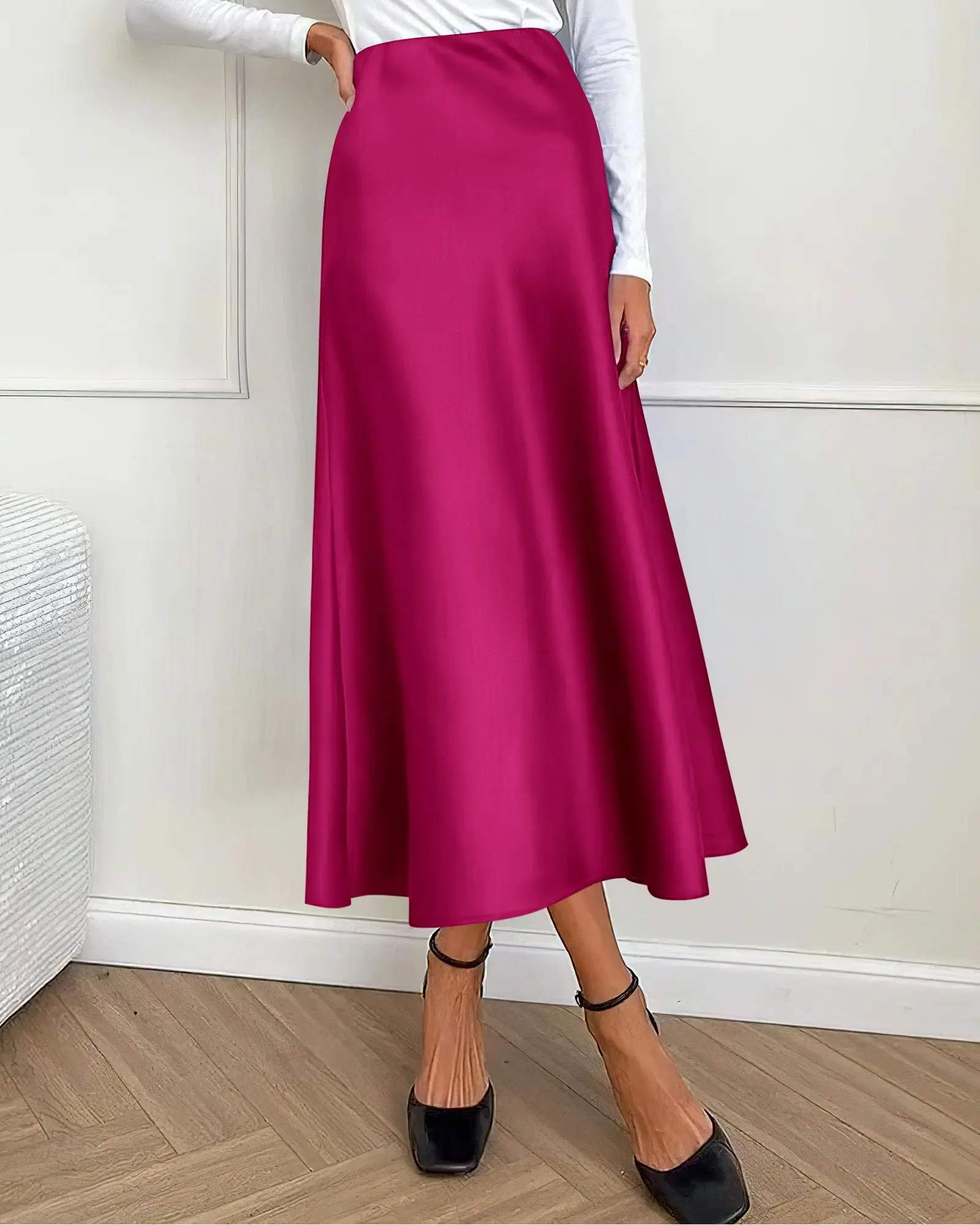 New 2024 Summer women skirts Women Satin Skirt Elastic High Waist Solid Split Midi length Skirt
