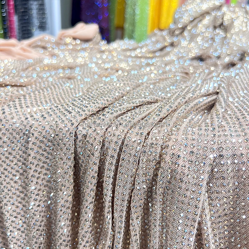 F001 Hot Selling Reasonable Price Crystal Lace Fabric with Rhinestone for Crystal Diamond Luxury Dress