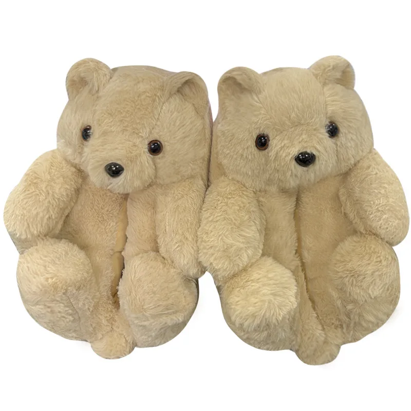 Teddy bear plush slippers cute cartoon couple family warm home cotton shoes winter thickened bag heel