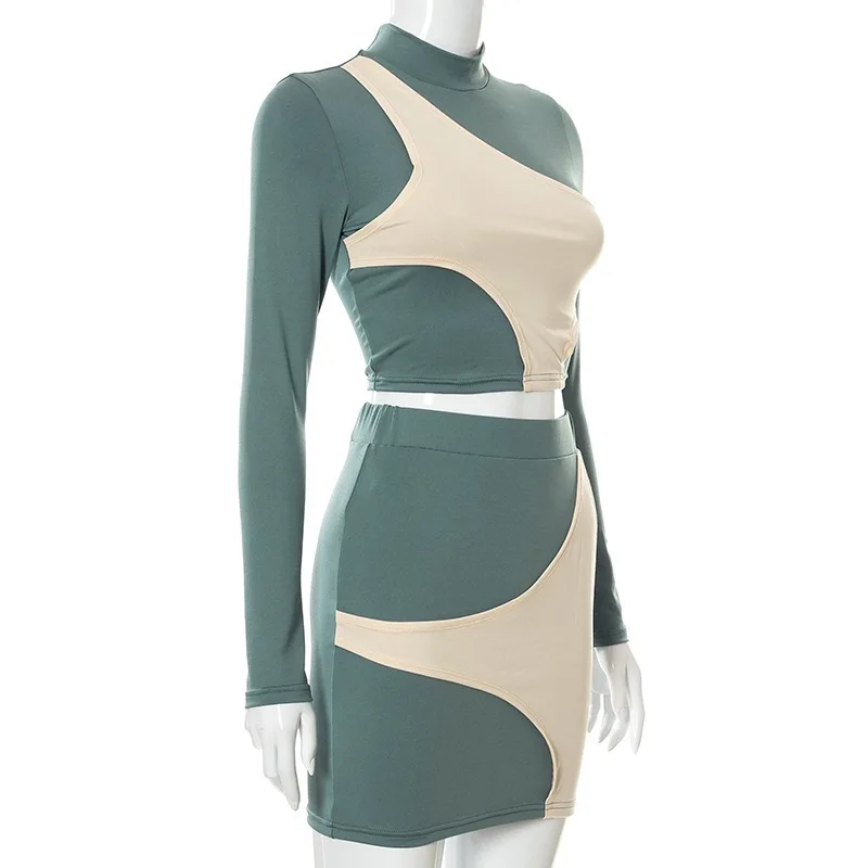 Женский Повседневный костюм с контрастной юбкой, пуловер с круглым вырезом и длинным рукавом, костюм с короткой юбкой, осень 2021