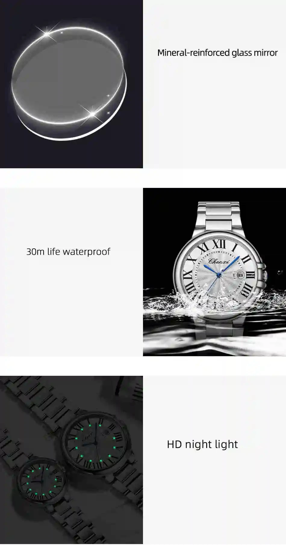 Hot Popular Elegant Unisex CX-039 Quartz Watch Stylish Stainless Steel Band Waterproof Date Display in Stock Lovers Watch