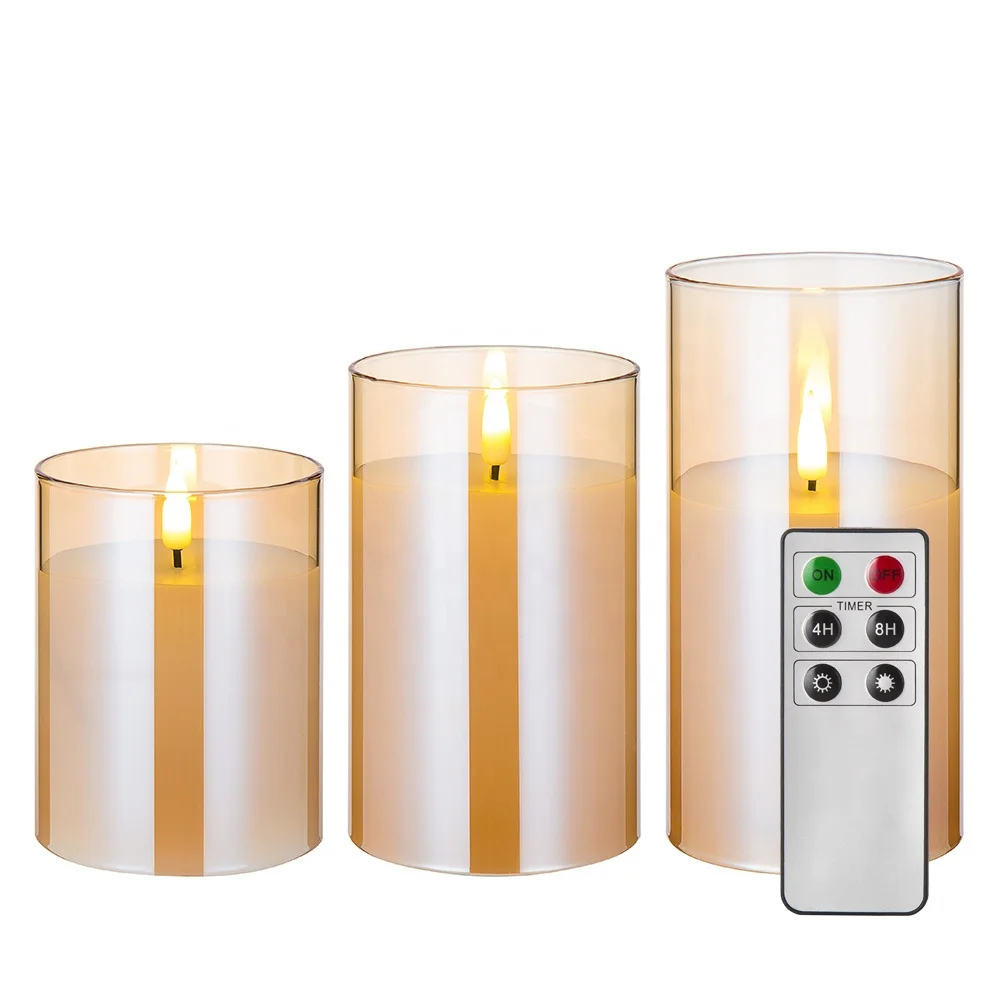 3d real flame pillar gold glass home decoration battery operated      wedding led candle set
