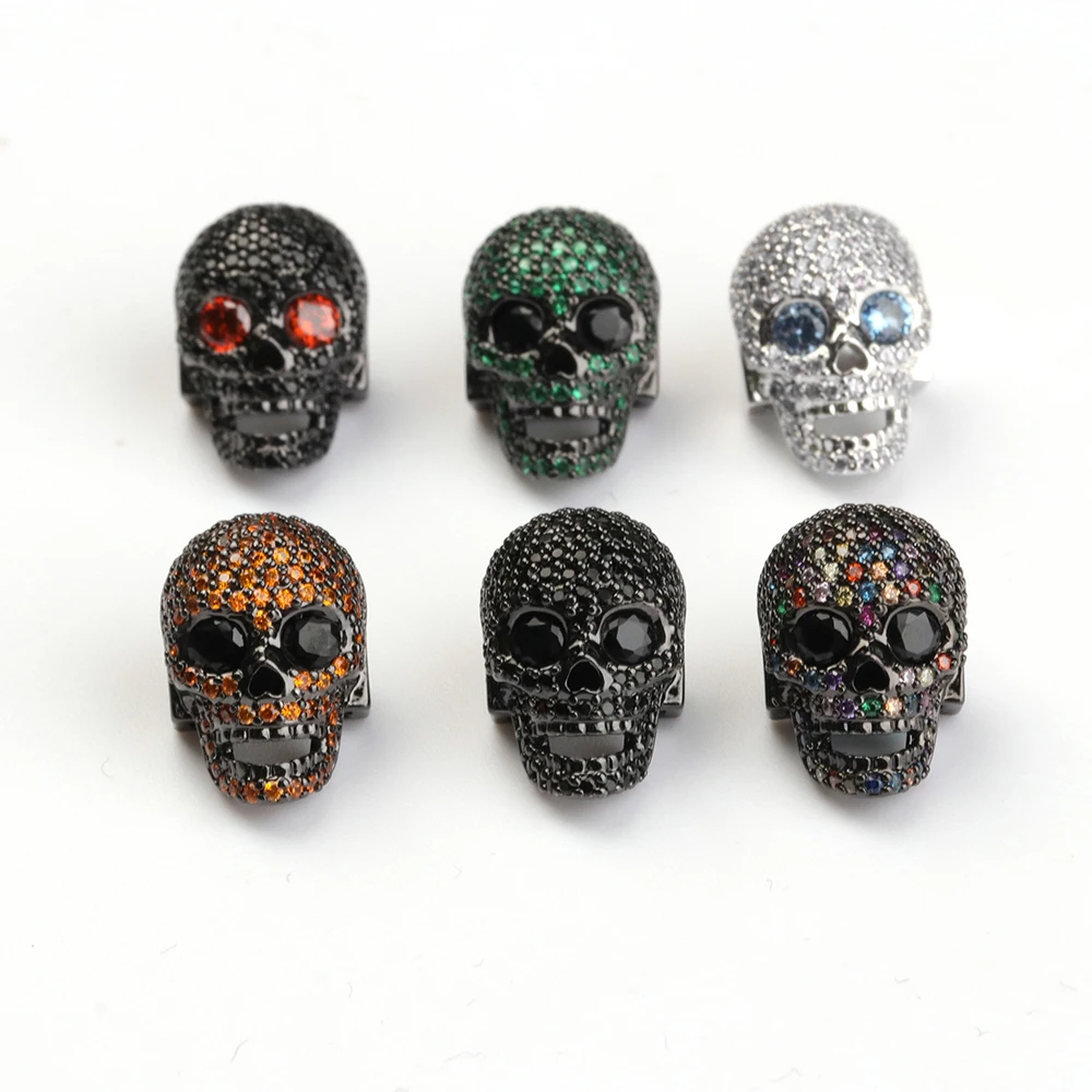 Micro Pave Skull Bead Clear Cubic Zirconia Blank Eyes Skull Head  For Men Bracelet