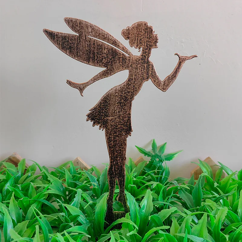 Iron Art Little Angel Decoration Rusty Flower Fairy Garden Floor Insert Metal Garden Ornaments for Decoration
