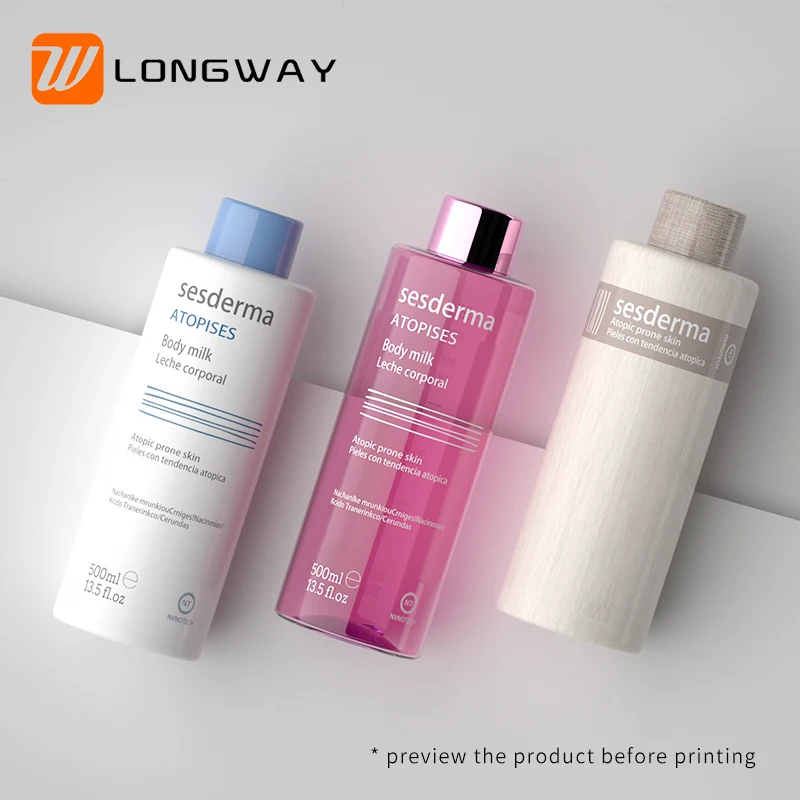 Wholesale PET 16 oz plastic flat toner flip top bottle with black cap 500ml 16oz for bath shower gel cosmetic packaging