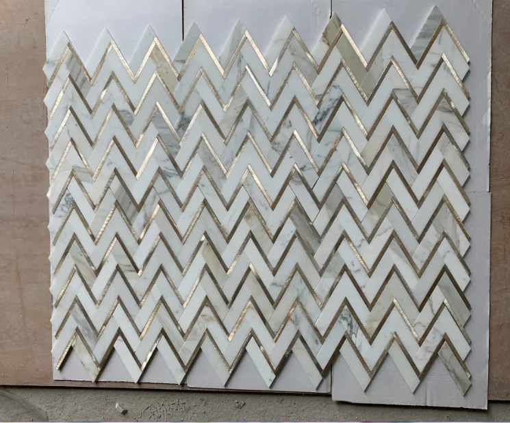Dth stone Calacatta marble mix gold aluminium alloy chevron parquet mosaic tiles