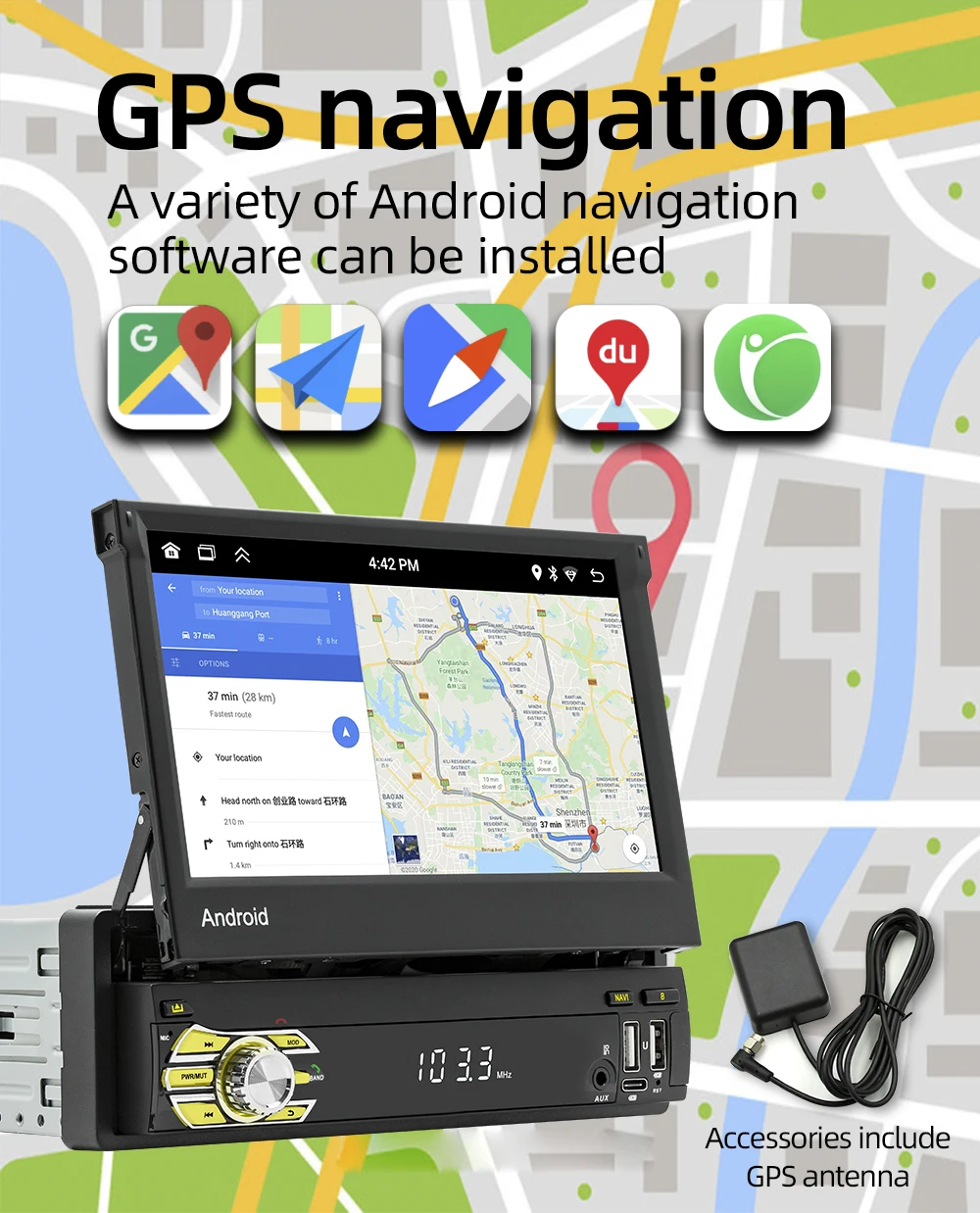 1 din 7' Android Car Radio Retractable Touch Screen Wireless Carplay Gps Navigation Wifi Bt Fm Rds  Stereo Auto Multimedia