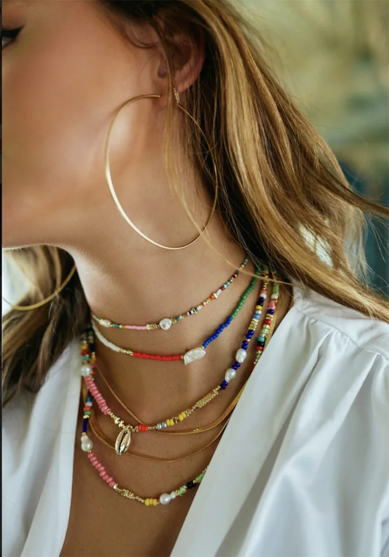 Boho красочные риса стеклянные бусины ожерелье в богемном стиле из нержавеющей стали, покрытой 18K позолоченный корпус в стиле барокко настоящая пресной воды Жемчужное ожерелье