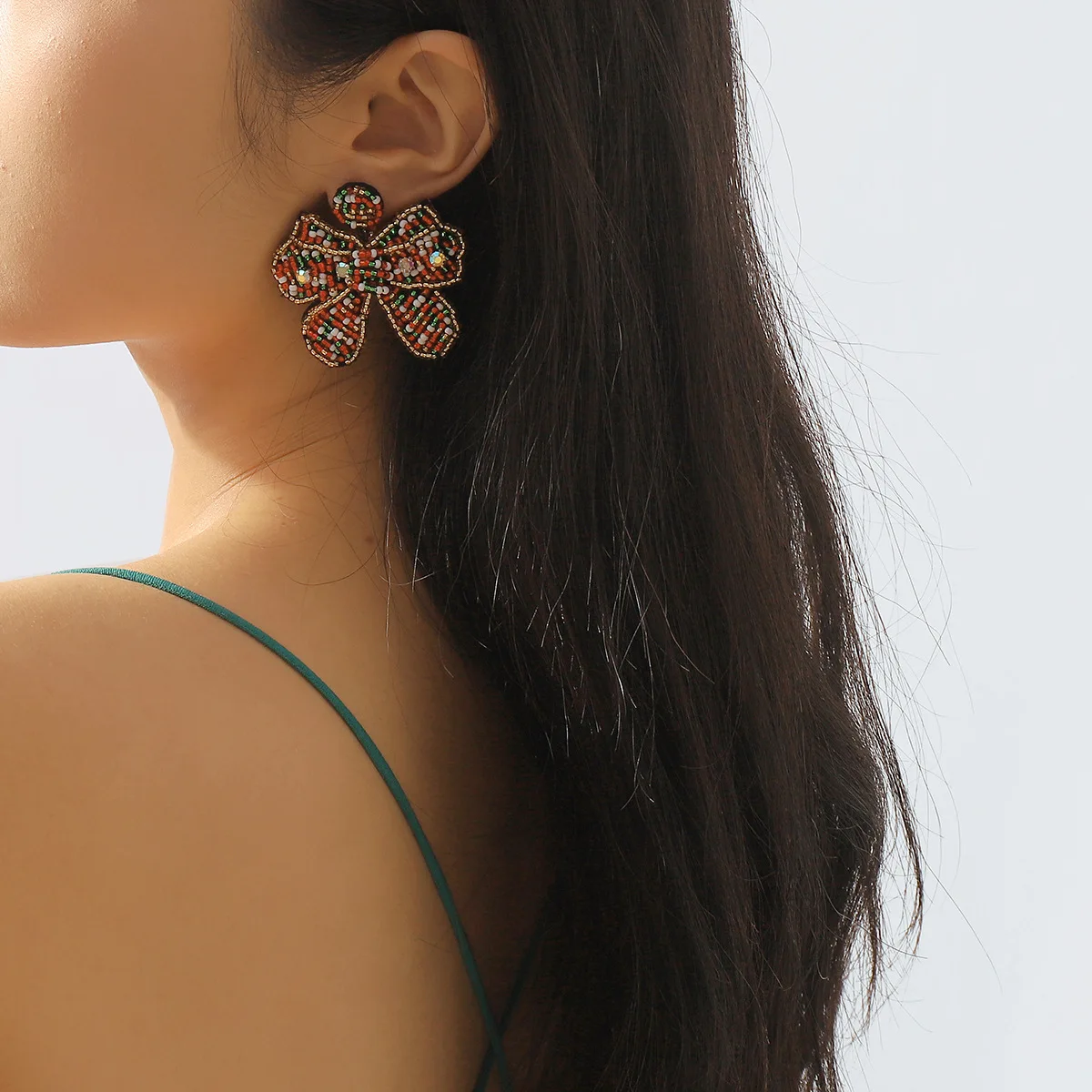 Ins Trending Rainbow Color Bow Seed Beads Earring Xmas Jewelry Gift Simple Handmade Beaded Star Acrylic Christmas Tree Earrings