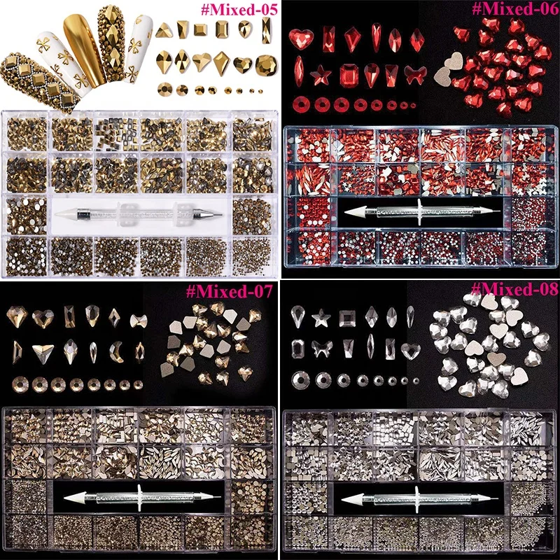 GREENKEM Hot Crystal AB Nail Art Rhinestones Mix Shape Fancy Shaped In Box Flat Bottom Glass Nail Diamond Rhinestone