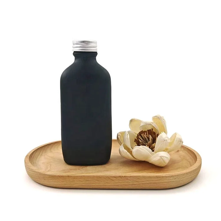 custom logo flat shampoo bottle 100ml frosted shampoo 24/400 skin serum bottles cosmetic with aluminum lid Screw top cap black