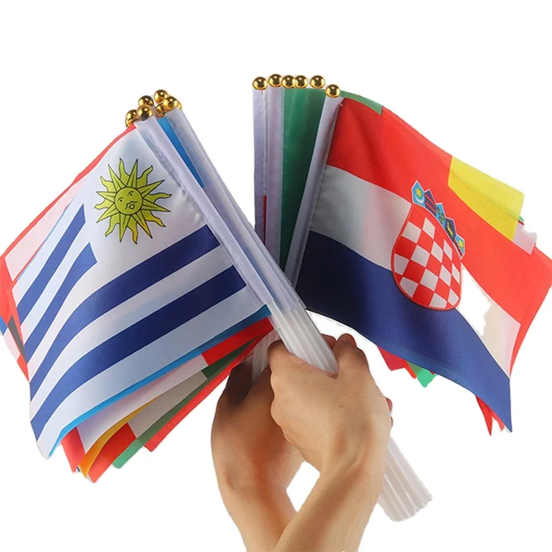 Wholesale polyester mini hand-held full package national flag plastic pole hand waving flag