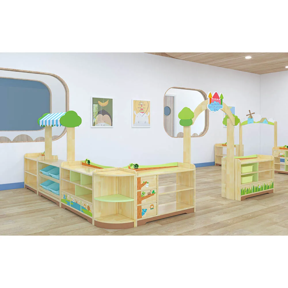 Cheap price kindergarten kids combination toy storage cabinet classroom furniture nursery wooden children table and chair set