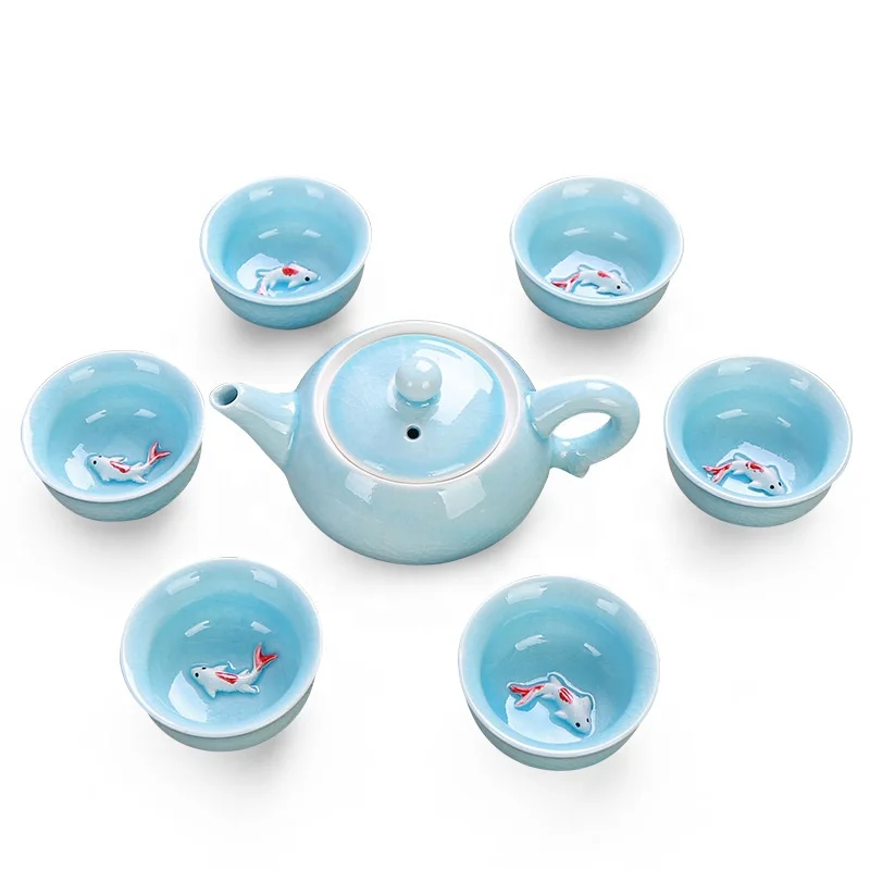 Chinese Tea Set Kung Fu Porcelain Handmade Ceramic Tea Set 6 Cups with Teapot Teal with Raised Koi Fish Design Gift Box
