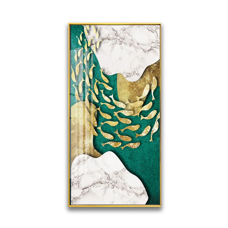 Golden Fish Painting Abstract Modern Style Lotus And Golden Fish Crystal Porcelain Painting For Decor