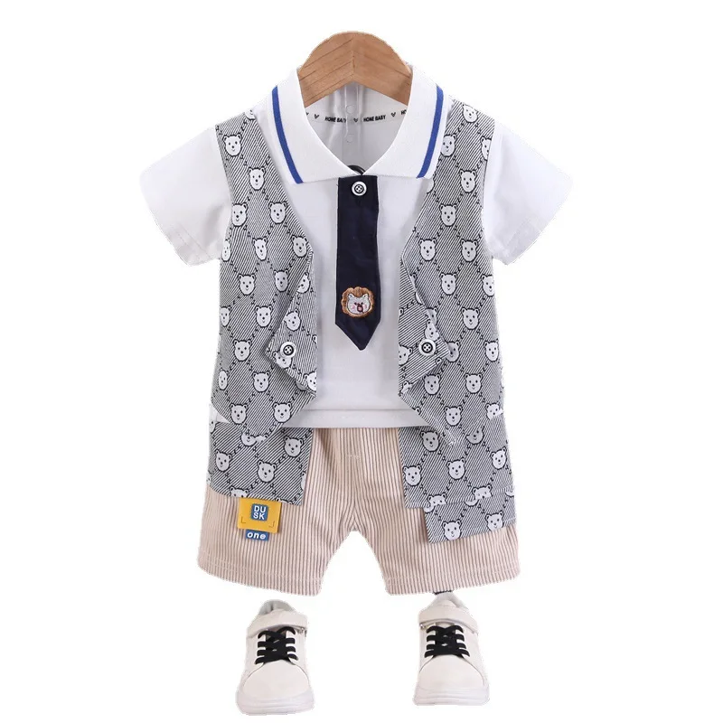 Fashion Boy Clothes Vest Printed Shirt Suit Summer Kids Clothing Baby Boy Clothes Children Clothing Shorts Set Boy Clothing Sets