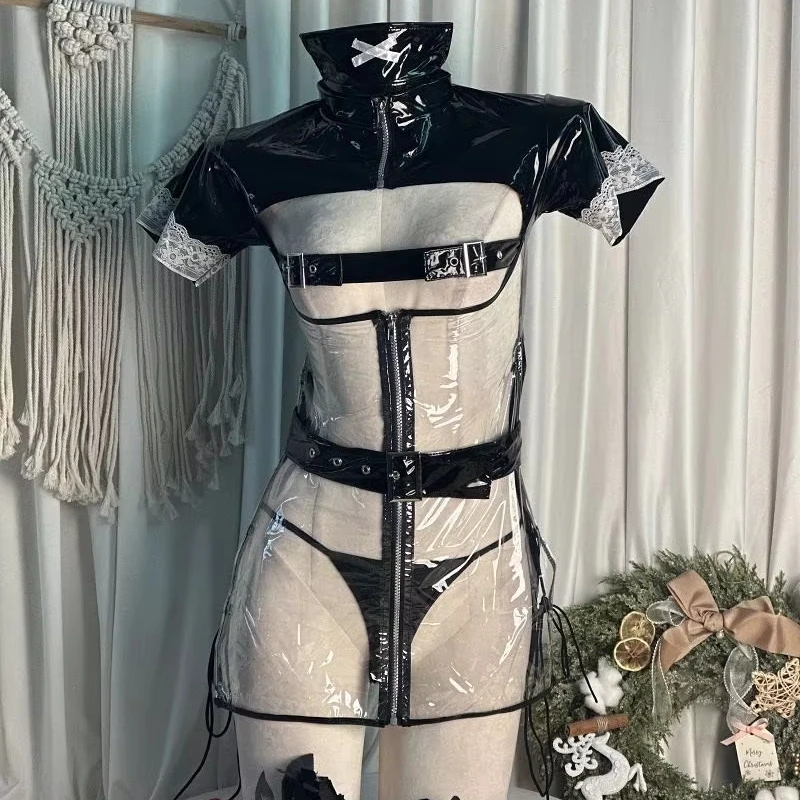 Fun Cosplay Animation Uniform Cute Nurse Seduction Transparent Patent Leather Tight Private Dew Milk Sweetheart Sex Underwear