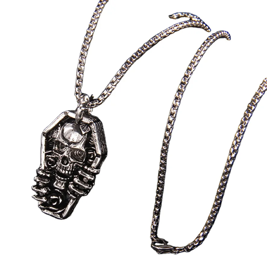 Heavy metal punk style coffin skeleton stainless steel necklace for men hip-hop skull face strong stainless steel chain