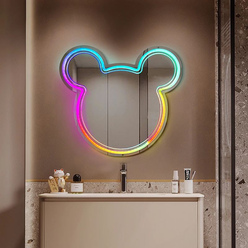 Dropshipping Mirror Acrylic Neon Light logo For Bedroom Birthday Party Bar Decor Neon Lights Bear Mirror Neon Sign