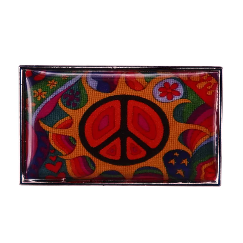 Flaming Psychedelic Peace Sign Brooch with Abstract Colorful Flowers Lapel Pin Hippie Art Badge Jewelry Accessories