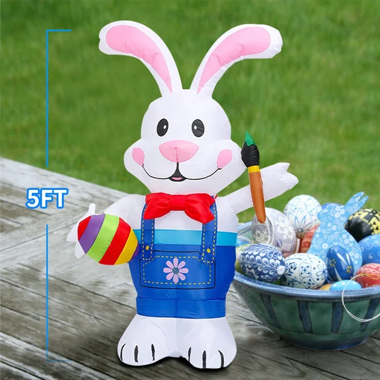 Outdoor Easter Inflatable Blue Bunny Holding Egg Inflatable Easter Rabbit Party Festive Outdoor Yard Inflatable Easter Decor
