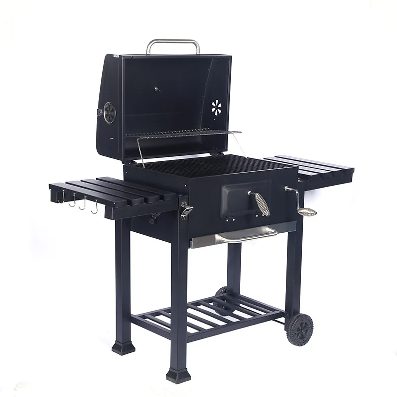 Big Barbecue Black Outdoor Meat Smoker Square Large Charcoal Trolley BBQ Grill with Side Table