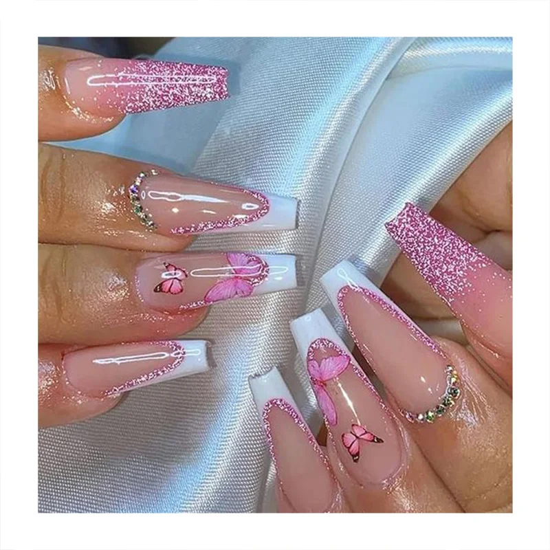 Shinny French Tips Fake Nails Butterfly Natural Full Cover Self Adhesive Flexible False Nails Handmade Acrylic Press On Nails