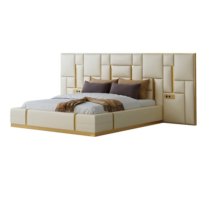 Modern luxury bedroom furniture upholstered real leather italian bed with extended headboard king size white leather bed